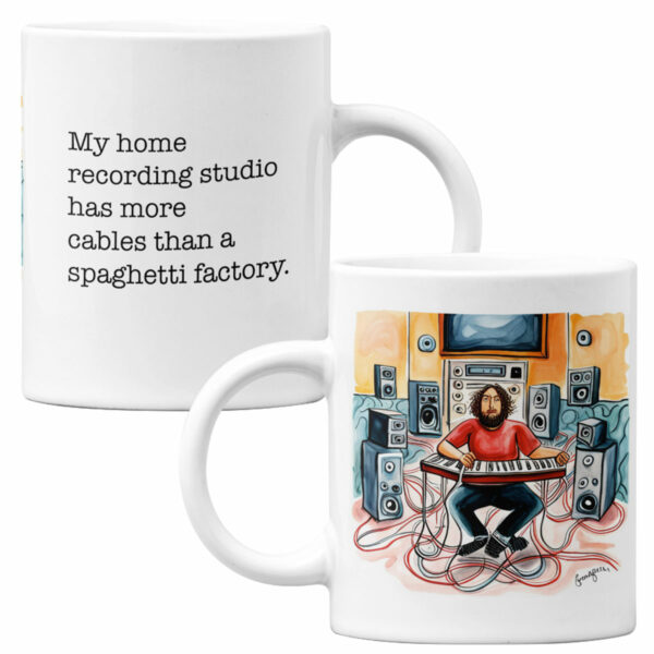 11 oz Mug - My home recording studio has more cables than a spaghetti factory